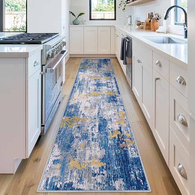 RELEANY Washable Runner 2'x10' Abstract Area Rug for Hallway Blue Gold | carpet for kitchen, entryway, bathroom, living room, bedroom, printed pattern, non-slip, soft, stain-resistant, easy to clean
