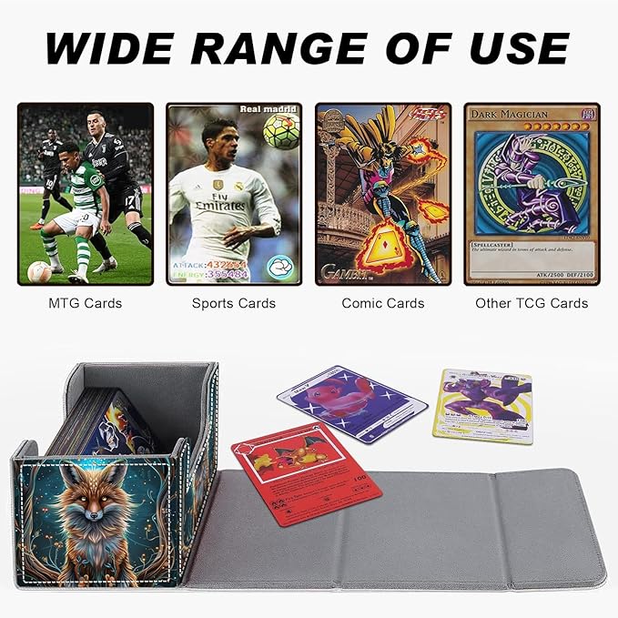 DEGDFSGR for TCG MTG Card Game Storage Box Organizer Trading Card Case Commander Deck Box Magnetic Closure Creative Pattern Up to 200 Cards, Blue Glow Fox