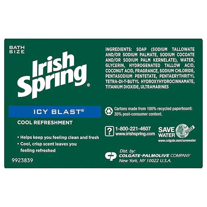Irish Spring Icy Blast Bar Soap for Men, Mens Soap, Smell Fresh and Clean 12 Hours, Men Bars Washing Hands Body, Mild Skin, Recyclable Carton, 3.7 Oz, (Pack of 48)