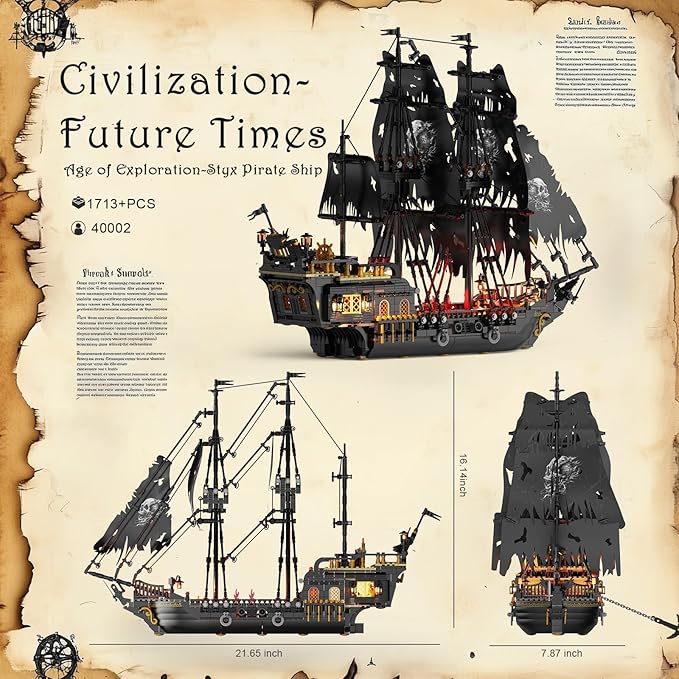JMBricklayer Pirate Ship Building Toys with Lights, Pearl Pirate Ship Model Boat Kit 40002, Black Ship Toy Building Sets for Adult Teens 14+, Home Office Decor(1713 PCS) New Upgrade