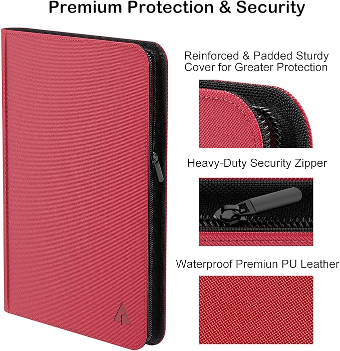 Premium 16-Pocket 100 Card Binder, Ringless Trading Card Album Folder - Side Loading Black Page Pocket Binder for TCG -Red
