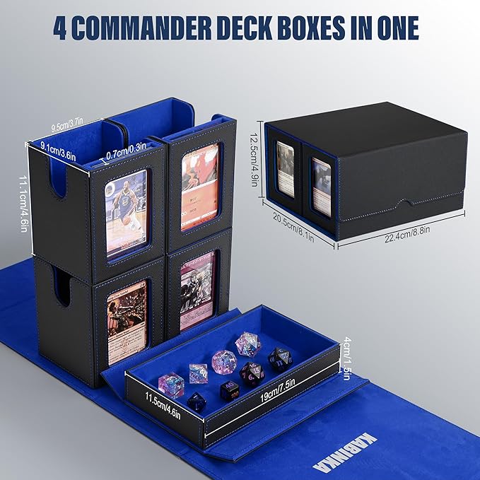Kabinka Card Deck Box for MTG Commander, Holds 400+ Double-Sleeved Cards, 5 IN 1 Detachable Card Case with Dice Tray, Fits Magic/TCG Cards, 4 Magnetic Card Holders & Dividers (Black Blue)