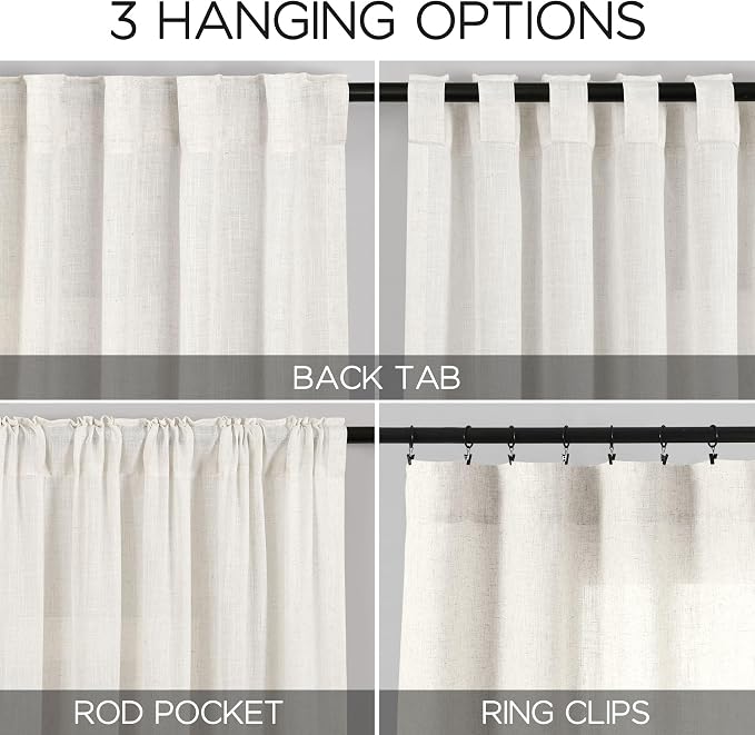 Nanspring Beige White Linen Curtains for Living Room 92 Inches Long Back Tab and Rod Pocket Light Filtering Semi Sheer Curtain Rustic Farmhouse Decor Luxury Drapes for Bedroom Office 52x92, 2 Panels