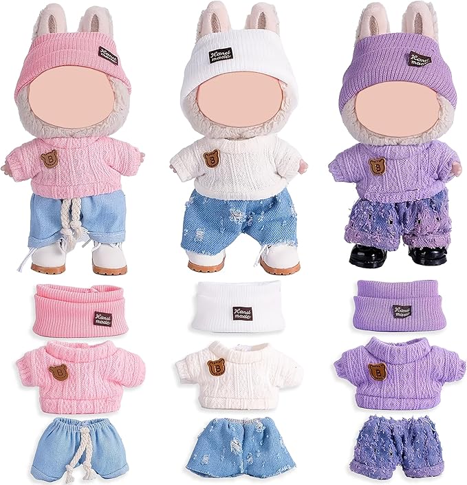 Total 3 Sets Doll Clothes Accessories for 17cm Dolls Include: 3 Hats, 3 Tops, 3 Pants- Soft & Stylish Costume Accessories (Doll Not Icluded)