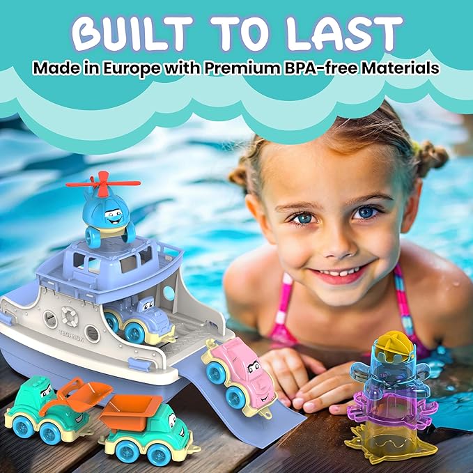 Ferry Fun & Friends – 15pcs & Baby Bath Toys with Ferry Boats, Cars for Bathtub, Trucks, Helicopter, Stacking Cups & Toy Animals, Toddler Bath Toys for 1 Year Old, Toddler Pool Boat Baby Toy
