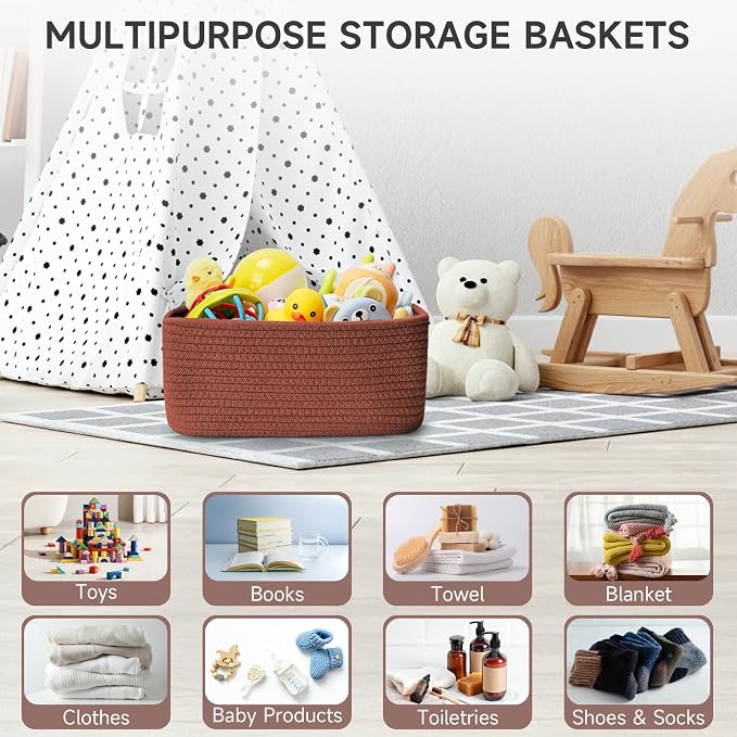 3 Pack Small Storage Baskets for Organizing, 11.8×7.8×5.1", Oxide Red | Woven Baskets for shelves, Cotton Rope Basket for Gifts Empty, Closet Organizer Bins with Handles, Cube Decorative Box