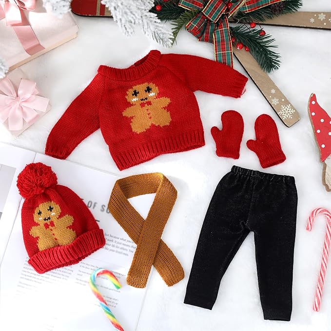 6 Pcs Christmas 18 Inch Doll Clothes and Accessories Winter Outfits Set Sweaters Trousers Hats Shoes for 18 Inch Doll Gift(Red,Gingerbread)