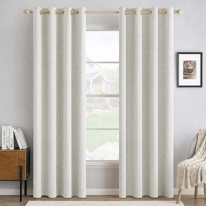 MIULEE 100% Blackout Linen Textured Curtains for Bedroom Solid Thermal Insulated Light Beige Grommet Room Darkening Curtains & Drapes Luxury Decor for Living Room 52 x 108 Inch (2 Panels)