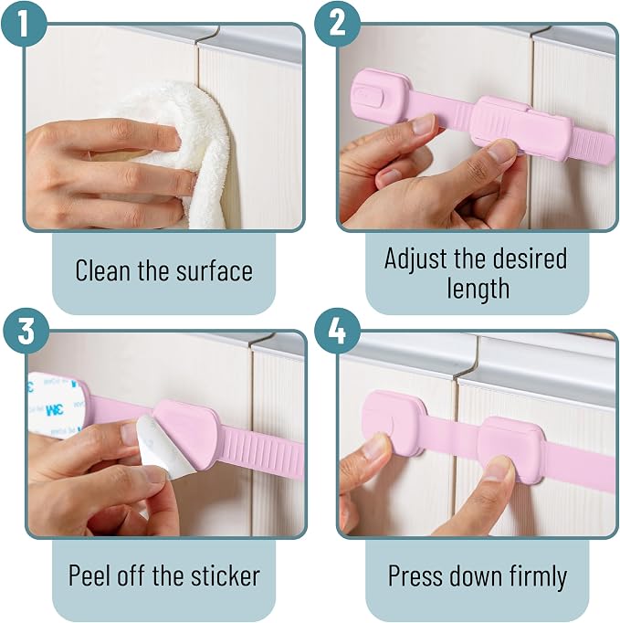 Bates- Child Safety Strap Locks, 8 Pack, Pink, Child Locks for Cabinets and Drawers