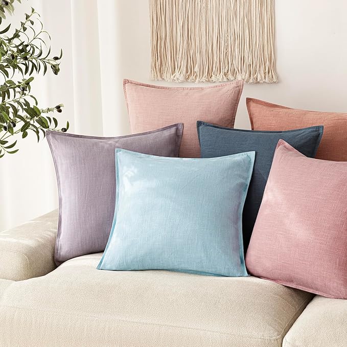 Foindtower Pack of 2, Decorative Linen Solid Throw Pillow Covers Soft Accent Euro Cushion Case Farmhouse Neutral Pillowcase for Chair Couch Sofa Bedroom Living Room Home Decor 18 x 18 Inch Light Blue