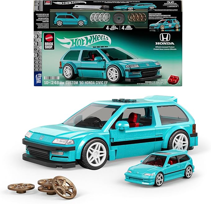 Mattel Brick Shop Hot Wheels 1990 Honda Civic EF Speed Series Custom Building Set with 248 Pieces, Realistic Details and Customization Stickers, JHF62