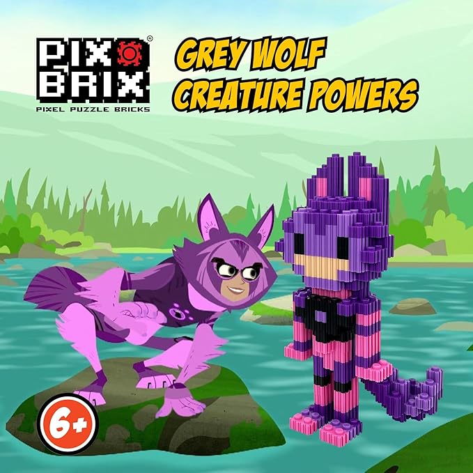 Pix Brix - Wild Kratts Pixel Art Kit - Grey Wolf, 1278 Pieces - Patented Slide + Stack Pixel Puzzle Building Bricks, Build & Collect Wild Kratts Creature Powers - Stem Toys, Ages 6 Plus