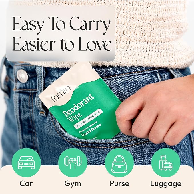 FOMIN Acidified Travel Deodorant Wipes For Women & Men - 50 Count - Coastal Breeze - pH Balanced, Mini Deodorant Travel Size Wipes - Plastic-Free, Individually Wrapped Underarm Body Wipe