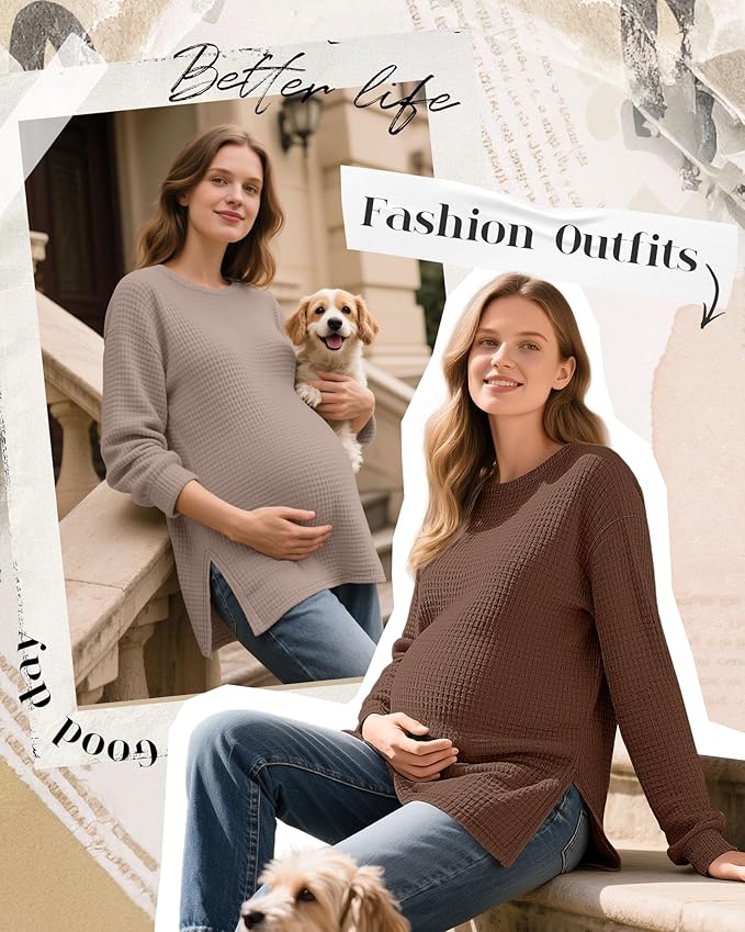 3 Pack Women's Maternity Shirts Long Sleeve Waffle Knit Side Split Oversized Tops Pregnancy Clothes Fall Tees