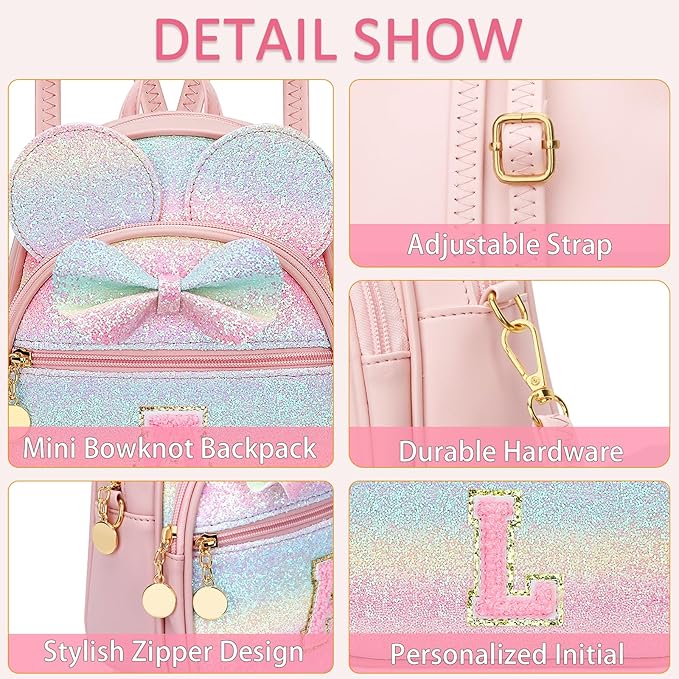 KKXIU Initial Bowknot Mini Backpacks for Girls Women, Small Cute Backpack Purse, Personalized Valentines Day Gifts for Toddler, Kids and Teen Girls(L, Rainbow)