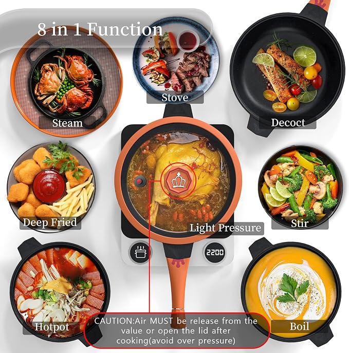 TIBORANG 11 Inch Nonstick Frying Pan with Lid,8-in-1 Multipurpose Cookware | 5 Qt Deep Sauté Pan Skillet with Steamer, PFOA-Free, Dishwasher & Oven Safe, Induction Compatible, Stay-Cool Handle,Tangerine