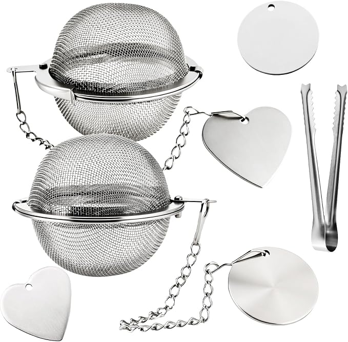 Tea Infuser for Loose Leaf Tea, 2 Pack Stainless Steel Tea Ball | 2 inch extra fine mesh tea strainer with 304 stainless steel, 2 heart charms, 2 round charms and tea scoop clip