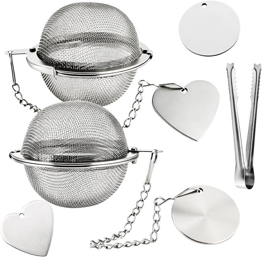 Tea Infuser for Loose Leaf Tea, 2 Pack Stainless Steel Tea Ball | 2 inch extra fine mesh tea strainer with 304 stainless steel, 2 heart charms, 2 round charms and tea scoop clip