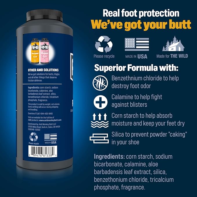 Anti Monkey Butt Medicated Foot Powder with Calamine - Antifungal Odor Eliminator & Itch Relief - Sweat Absorption, Blister Protection, & Long-Lasting Comfort for Men & Women Active Lifestyles - 8 oz