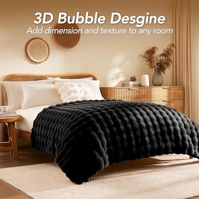 L'AGRATY Faux Rabbit Fur Throw Blanket for Couch, 60'' x 80'', Black | Soft Cozy Bubble Fluffy Blanket for Sofa Bed, Thick Warm Plush Fuzzy Throw for Room Home Decor, Luxury Gift for Women Mom
