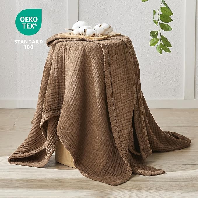 EMME Muslin Blankets for Adults Throw Blanket for Couch Breathable Gauze Soft Lightweight Airy Brown King 108" x 90"