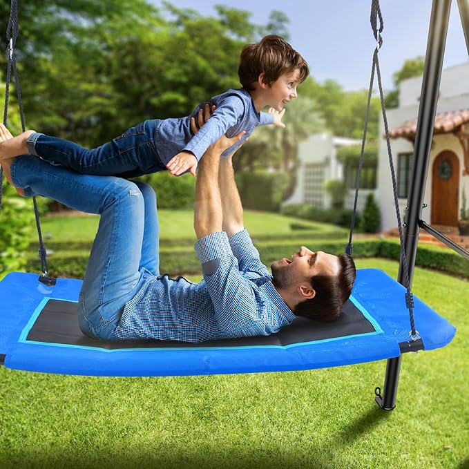 Trekassy 60" Large Platform Saucer Swing with Frame for Kids Outdoor, 440lbs Swing Set with Heavy Duty Metal Swing Stand for Backyard, Outdoor Kids Play Equipment (Black Frame + Blue Swing)（Patented）