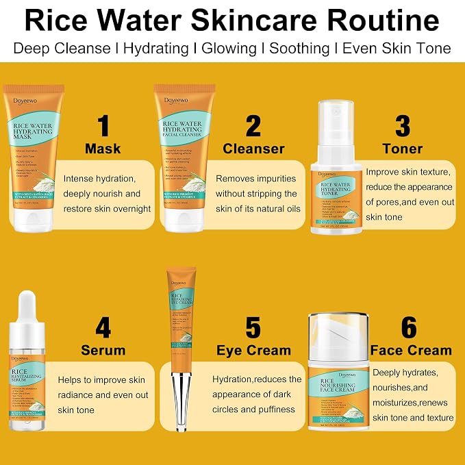 Skin Care Set w/Korean Rice Extract for Hydration,Glow,Repair &Radiant Skin | 7Pcs Women Teen Glass Skincare Routine Kit Self Care Gifts for Women Mom Wife Teenage Girl Valentines Christmas Gifts