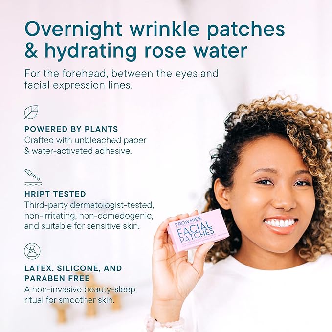 Frownies Forehead & Between the Eyes Facial Patches and Rose Water Hydrator Combo – Forehead Wrinkle Patches (144) with Rose Water Spray for Face (2oz) – For All Ages & Skin Types