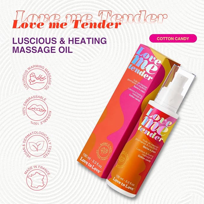 Love Me Tender Cotton Candy Warming Massage Oil, Hydrating and Luscious, Kissable Flavored Intimate Oil for Couples, Sensual Massage, Romantic Date Night, Essential Intimacy Items 3.3 fl oz
