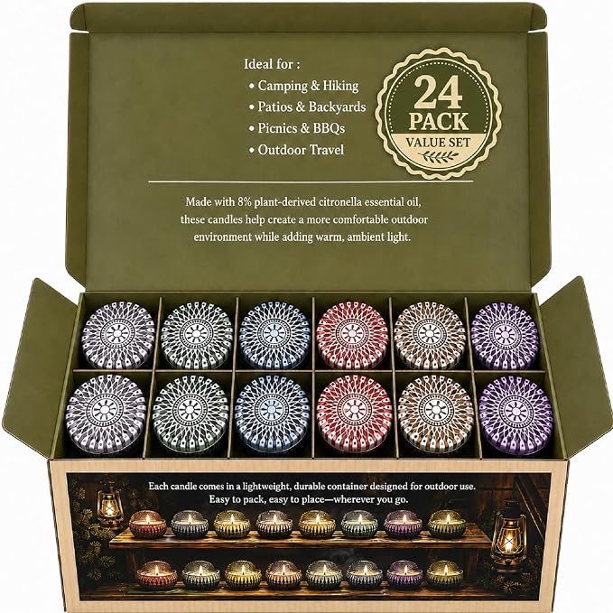 24 Pack Citronella Candles Outdoor, 2.5 oz Soy Wax Tin Candles with 8% Citronella Oil, Up to 600 Hours Total Burn Time, Portable Patio Candle Set for Backyard, Camping, BBQ & Summer Use