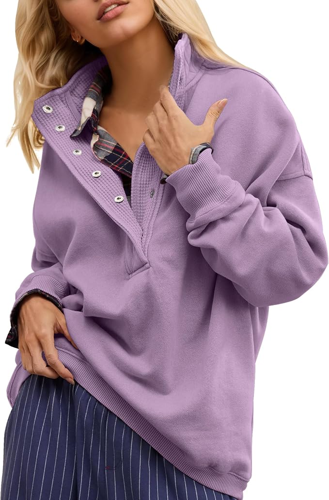 Gacaky Sweatshirt for Women Oversized Casual Long Sleeve Button Henley Neck Pullover Tops Fashion Outfits Clothes