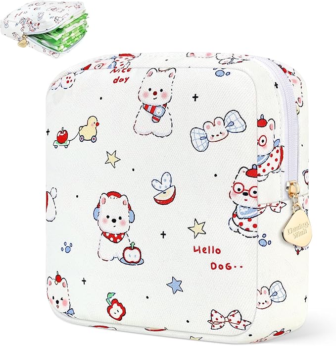 Sanitary Pad Storage Bag Portable Period Bag for Teen Pads/Sanitary Napkins/Small Tampons, Sanitary Napkin Storage Bag First Period Gifts for Teen Girls (White Puppy)