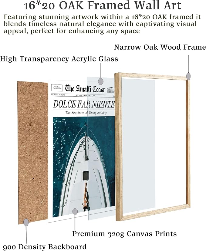 EcoHest 16x20 in Dolce Far Niente Newspaper Framed Wall Art | Solid Oak Wood Frame, Canvas Wall Art, Italian Summer Newspaper Wall Decor for Living Room, Bedroom, Apartment, Dorm, 1Pack