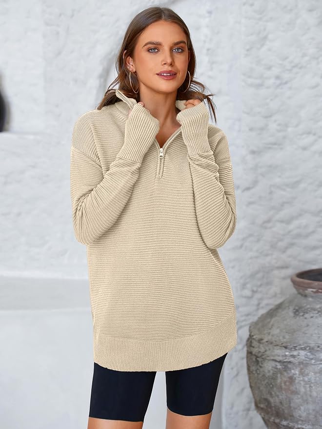PRETTYGARDEN Womens Long Sleeve Quarter Zip Pullover Sweater Casual Loose V Neck Collared Ribbed Knit Jumper Tops Thumb Hole