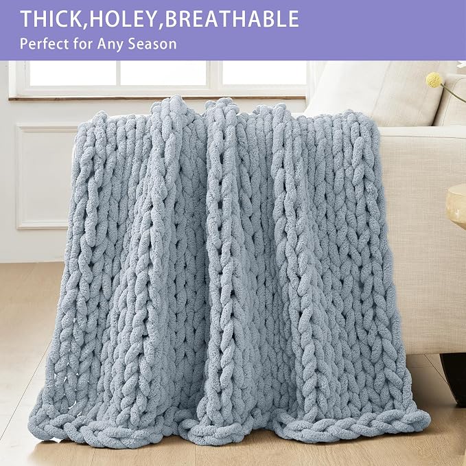 Bigacogo Chunky Knit Throw Blanket for Couch, 40x60 inches, Fog Blue | Hand Knit with Jumbo Chenille, Soft Breathable Cable Knit for Sofa Bed Living Room, Machine Washable, Gift for Mom Friend