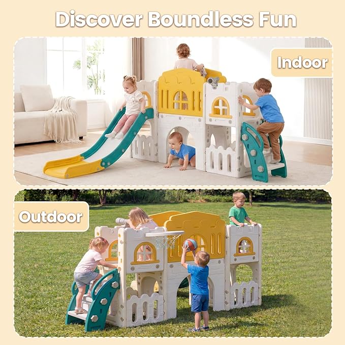 OLAKIDS Toddler Slide, 9 in 1 Kids Indoor Outdoor Playground with Climber Basketball Hoop Telescope Tunnel Corridor Toy Storage Steering Wheel for Boys Girls Aged 1+ (Yellow)