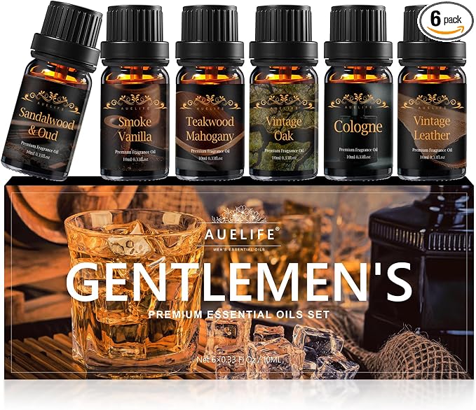 Men Essential Oils Set for Diffuser for Home, 6x10ml Masculine Fragrance Oils for Candle Making, Scented Oil Gift Set for Men, Mahogany, Sandalwood, Cologne, Smoke Vanilla, Leather