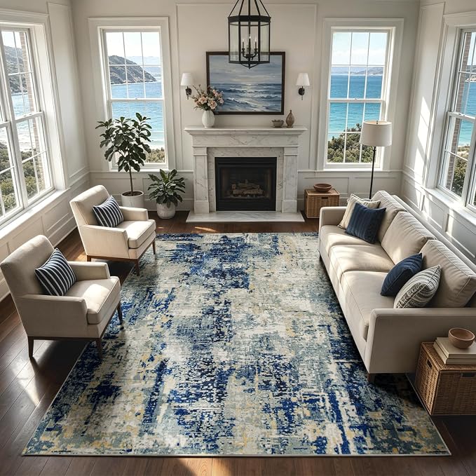 Washable Rugs 8x10 Area Rugs for Living Room- Modern Abstract Rugs for Bedroom,Dining Room,Large Soft Low Pile Carpet with Non Slip Rubber Backing,Neutral Accent Under Table Rug for Nursery