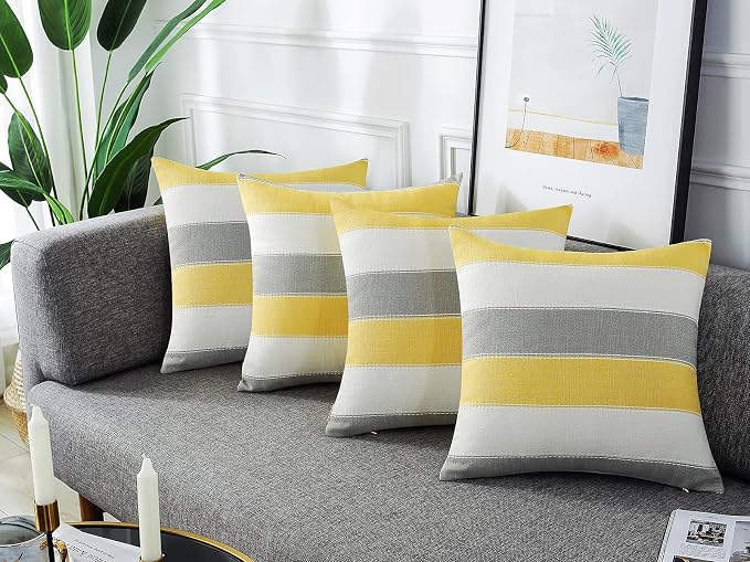 Pack of 2 Farmhouse Stripe Check Throw Pillow Covers Set Case Cotton Linen Decorative Pillowcases Cushion Cover for Couch Bench Sofa 16x16Inch Yellow Beige