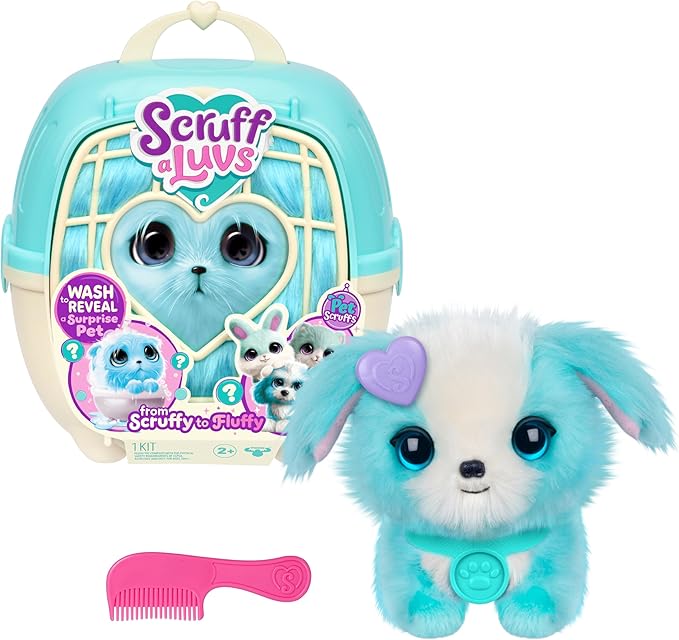 SCRUFFALUVS Pet Scruffs Blue - Mystery Plush Toy, 7.5" Tall - Wash to Reveal 1 of 3 Rescue Pets: Puppy, Bunny, or Kitty - Includes 8.7" Deluxe Pet Carrier - Styles May Vary