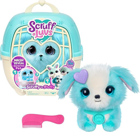 SCRUFFALUVS Pet Scruffs Blue - Mystery Plush Toy, 7.5" Tall - Wash to Reveal 1 of 3 Rescue Pets: Puppy, Bunny, or Kitty - Includes 8.7" Deluxe Pet Carrier - Styles May Vary