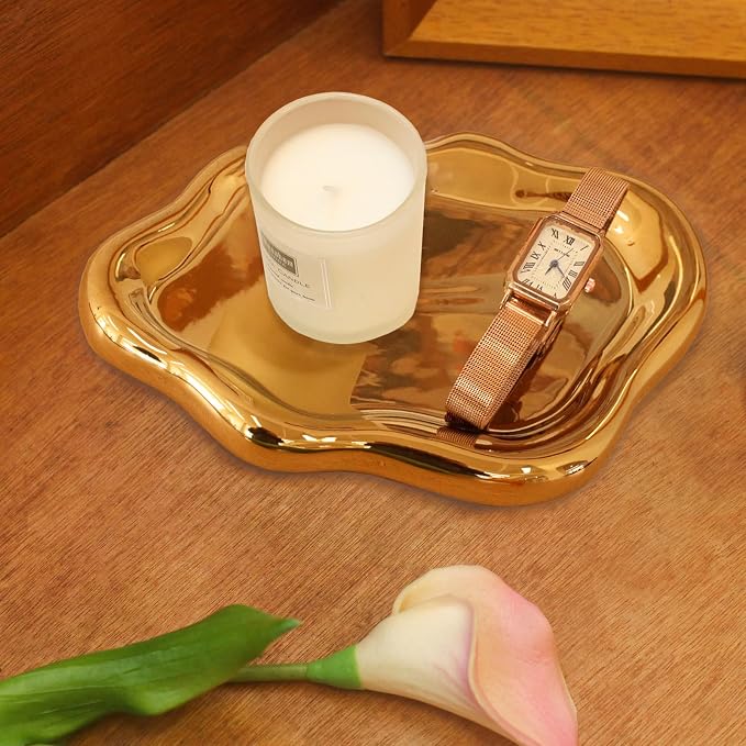 CCINPPY Ceramic Cloud Jewelry Tray Trinket Dish Key Bowl Nightstand Decor | Decorative Small Desk Tray Jewelry Plate Key Holder Bowl Cute Bedroom Room Decor Aesthetic, Gift for Women, Gold Large