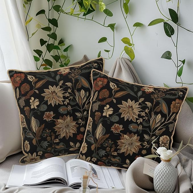 Black Boho Vintage Flowers Velvet Pillow Covers 20x20 Inch Retro Art Brown Floral Throw Pillows for Couch Cushion Covers Pillowcase Farmhouse Bohemian Pillow Cases for Sofa Bed Bedroom