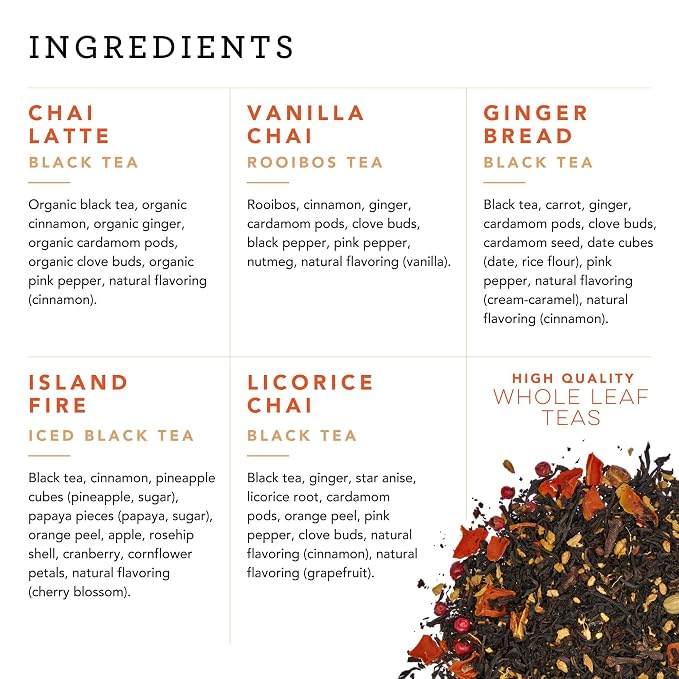 Pinky Up Chai Tea Gift Sampler, Variety Tea Packets of Flavored Tea, Loose Leaf Tea Sampler, Caffeinated Tea and Non-Caffeinated Tea Individual Packets