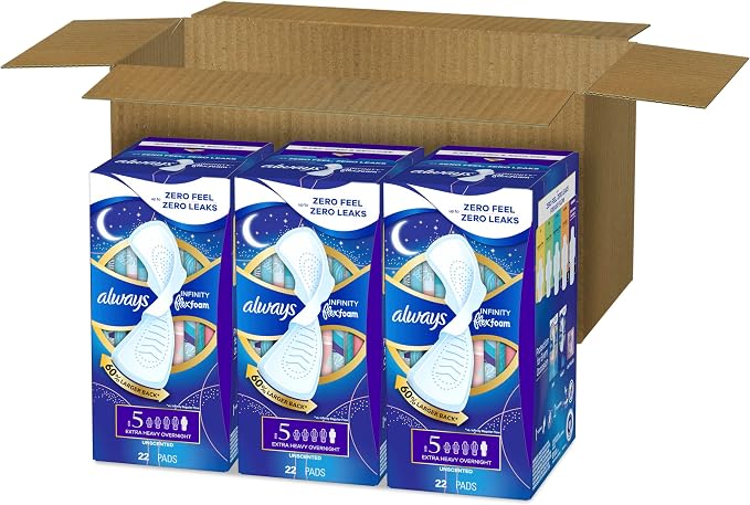 Always Infinity Feminine Pads for Women, Flexfoam Pads with Wings, Size 5, Extra Heavy Overnight Absorbency, Unscented, 66 Count (3 Packs of 22)