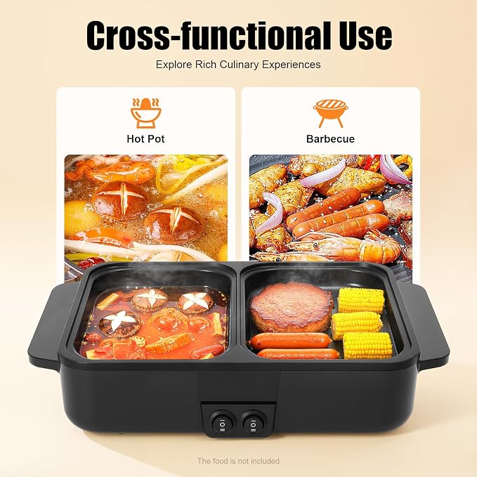 Electric Hot Pot with Grill 2 in 1 Korean BBQ Grill Indoor Cooking Electric Shabu Shabu Pot Indoor Smokeless Grill, Non-stick & Independent Dual Temperature Control (Black)