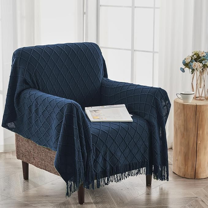 inhand Dark Blue Knitted Throw Blanket for Couch and Bed, 50"x60" | Soft Cozy Knit Blanket with Tassel, Lightweight Decorative Blankets and Throws, Farmhouse Warm Woven for Men and Women