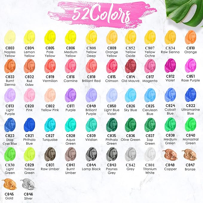 Caliart Acrylic Paint Set, 52 Colors (2oz/Bottle) with 4 Brushes, Art Craft Paints for Adults Artists Beginners Painters, Canvas Halloween Pumpkin Ceramic Wood Fabric Rock Painting Supplies Kit