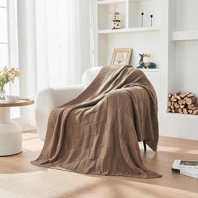 CozeCube Light Brown Knitted Checkered Throw Blanket 60"X80" | Check Knit Throw for Couch, Decorative Christmas Soft Cozy Warm Blanket for Bed Sofa Living Room