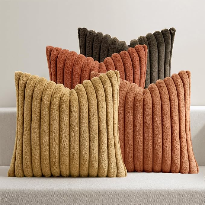 MIULEE Fall Rust Orange Faux Fur Plush Decorative Throw Pillow Covers18x18 | Set of 4, Striped, Soft Boho Farmhouse Vintage, Rustic Cozy Home Decor, Cushion Cases for Sofa Couch Bed Living Room